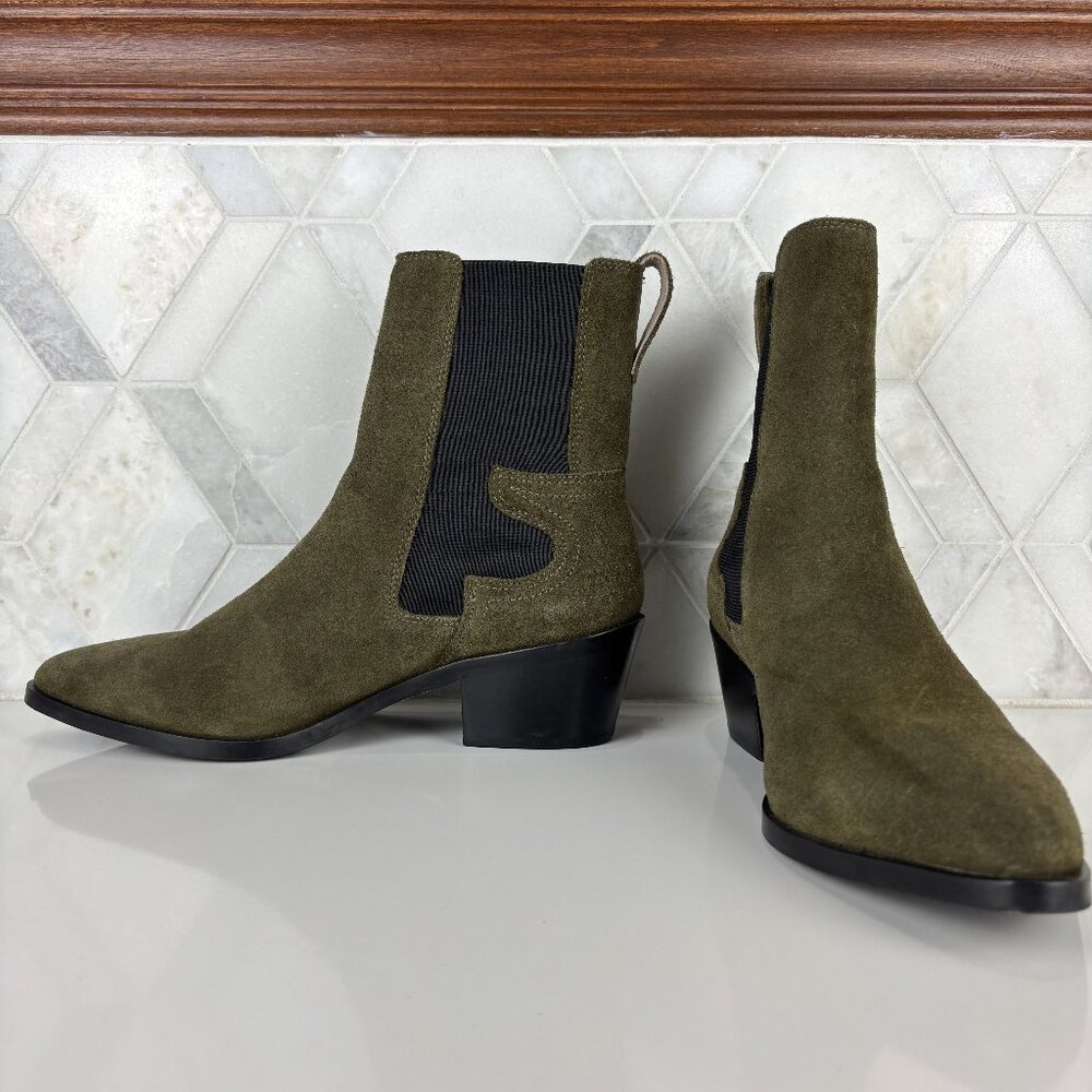 7 Green Suede Leather Ankle Boot Cuban Block Heel Pointed Toe Pull Elastic Kara